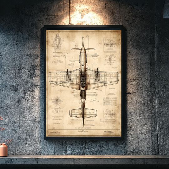 Discover WWII P-51 Mustang Blueprint Art  Vintage Fighter Plane Technical Drawing (Digital Printable)