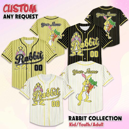 Discover Personalized Rabbit Baseball Jersey, Custom Disney Winnie the Pooh Shirt, Matching Family Jersey, Disneyland Trip Gift
