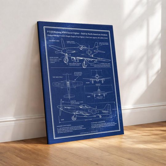 Discover P-51 Mustang WW2 Fighter Plane  Retro Blueprint Gallery Wrap Canvas  3 Sizes