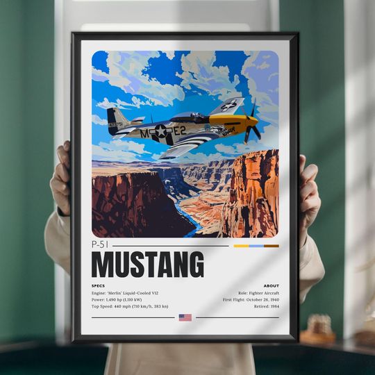 Discover Mustang Aircraft Poster  WWII Fighter Plane Art  Military Aviation Print