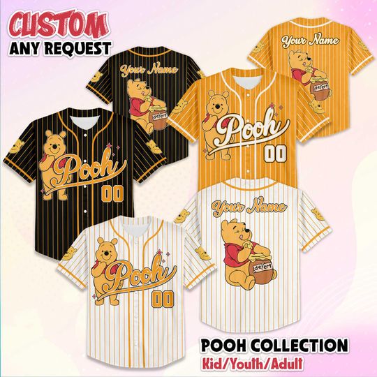 Discover Custom Winnie the Pooh Baseball Jersey, Personalized Pooh Baseball Shirt, Matching Disney Trip Outfit, Disneyland Birthday Gift