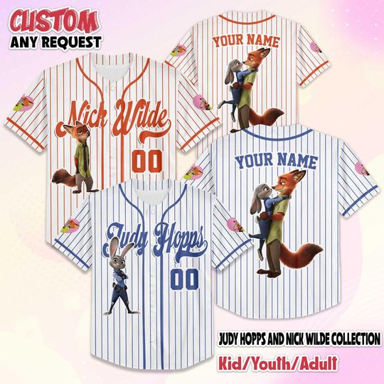 Discover Personalize Judy Hopps and Nick Wilde Baseball Jersey, Custom Zootopia 2 Valentines Day Jersey Shirt, Disney Couple Gift