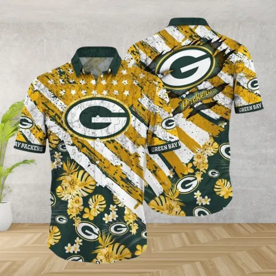 Discover Green Bay Packers Hawaiian Shirt with Floral Victory Logo