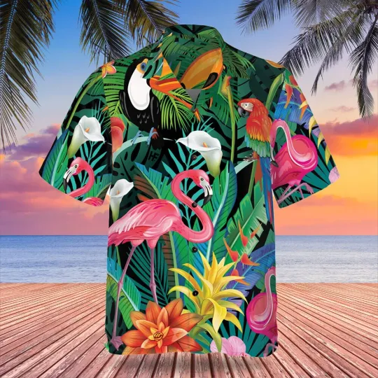 Discover Flamingo Tropical Flowers Hawaiian Shirt Men's Summer Casual Wear