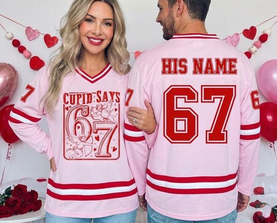 Discover Cupid Says 67 Valentine Jersey, Personalized Love Number Shirt, Funny 6 7 Valentine Sweatshirt, Custom Name Number Gift