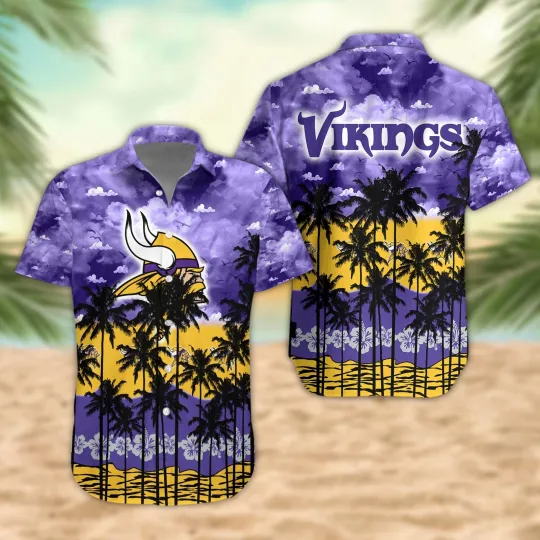 Minnesota Vikings Hawaiian Shirt with Palm Trees and Sunset Sky