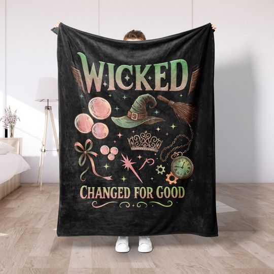 Discover Wicked Changed for Good Plush Fleece Blanket, Witchy Throw Blanket, Cozy Gothic Fleece Gift, Musical Theater Decor, Green Magic Style DS103