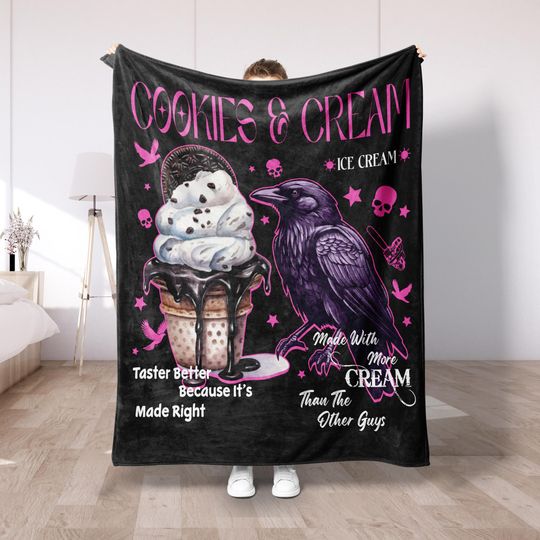 Discover Cookies & Cream Gothic Plush Fleece Blanket, Edgy Ice Cream Art Throw, Cozy Soft Blanket, Trendy Gift for Teens, Dark Aesthetic Decor  DS101