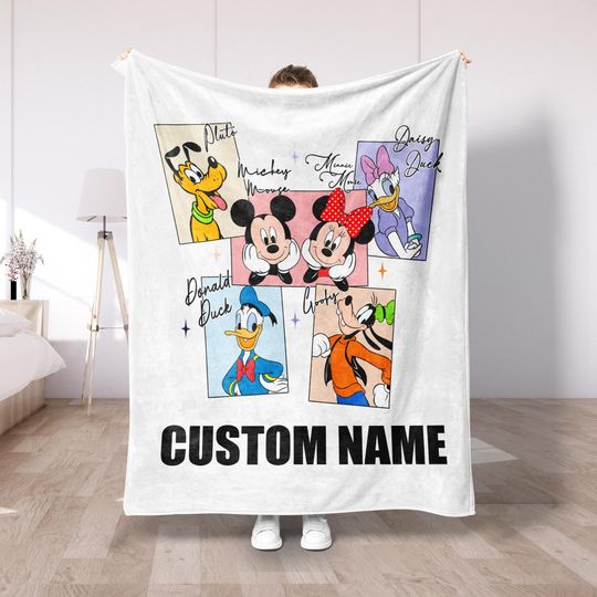Discover Disney Friends Custom Name Plush Fleece Blanket, Personalized Gift for Kids, Mickey Minnie Goofy Throw, Cozy Family Fleece Blanket DS95