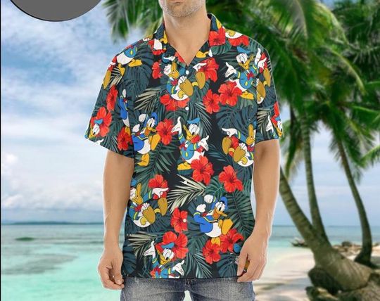 Discover Tropical Cute Duck Vacation Hawaiian Shirt Beach Hawaiian Shirt, Donald Duck Cartoon Character Summer Shirt, Aloha Shirt, Gift for Friend
