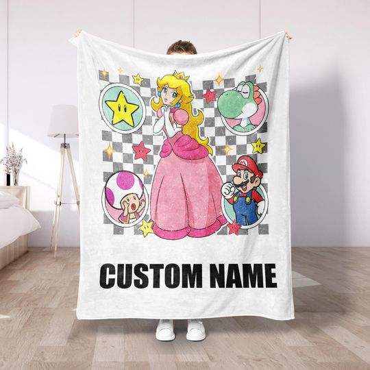 Custom Princess Peach Fleece Blanket, Mario Themed Blanket for Kids, Gamer Blanket for Family