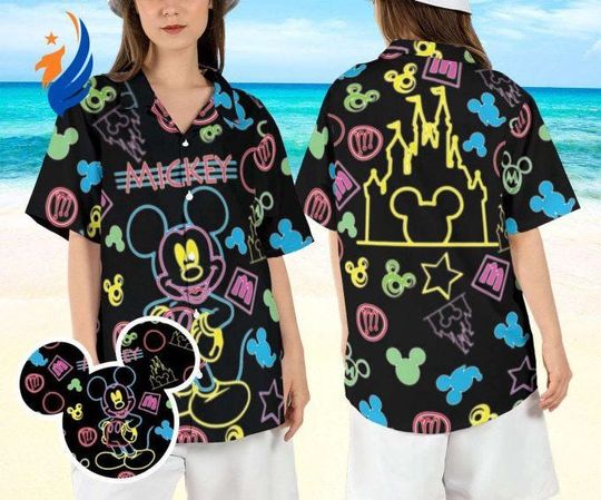 Discover Disneyland Mickey Mouse Neon Vacation Beach Hawaiian Shirt with Castle Disney Character Summer Aloha Shirt