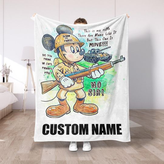 Discover Adventure Mickey Plush Fleece Blanket, Cartoon Military Style Throw, Cozy Disney Blanket for Family, Funny Gift, Soft Fleece Blanket DS56