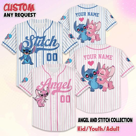 Discover Personalize Stitch and Angel Baseball Jersey, Custom Lilo & Stitch Valentines Day Jersey Shirt, Disney Couple Gift