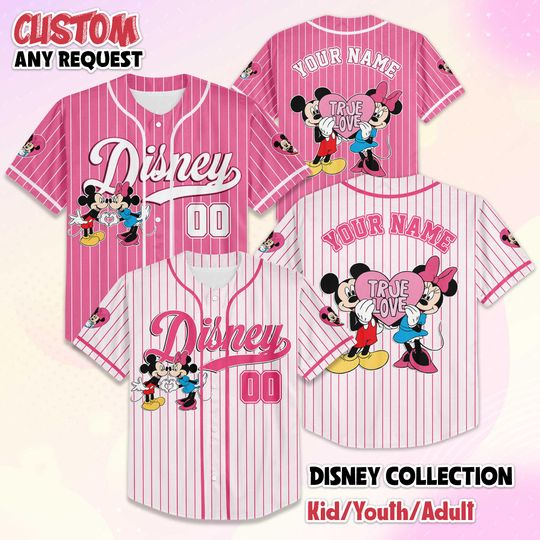 Discover Personalize Mickey and Minnie Valentines Day Baseball Jersey, Custom Disney Valentines Day Jersey Shirt