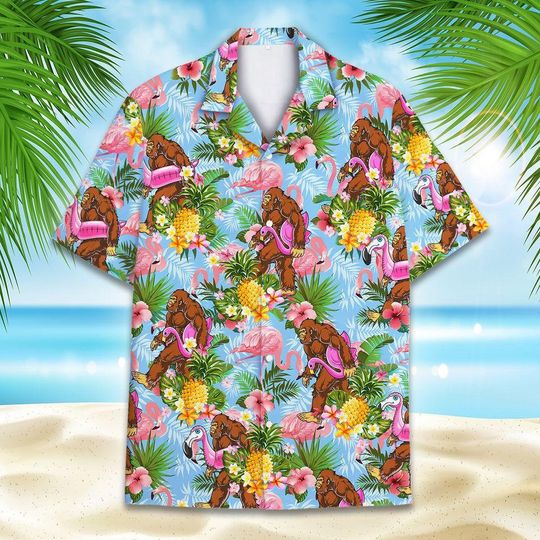 Discover Tropical Bigfoot Hawaiian Shirt with Flamingo and Aloha Graphic for Summer Vacation