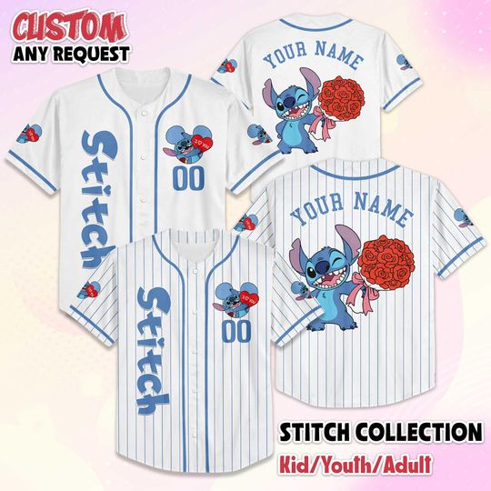Discover Personalized Stitch Valentine Baseball Jersey, Custom Lilo & Stitch Valentines Day Jersey Shirt, Disney Couple Gift