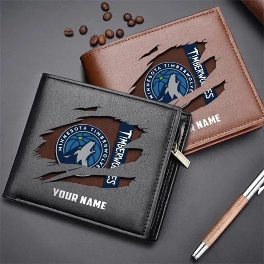 Discover Personalized Minnesota Basketball Timberwolvess Team Men's Leather Wallet Gift