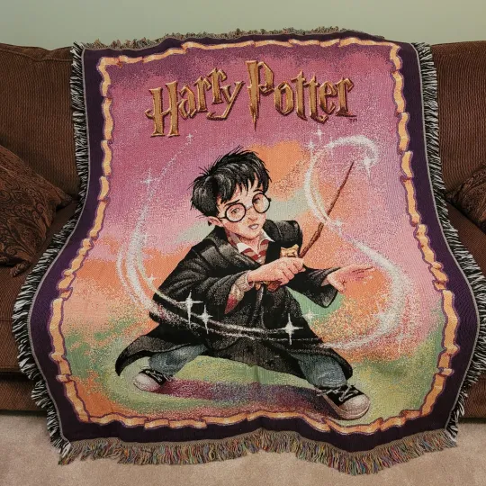 Discover Vintage  2000 Harry Potter With Wand Woven Fringed Throw Blanket Warner Bros