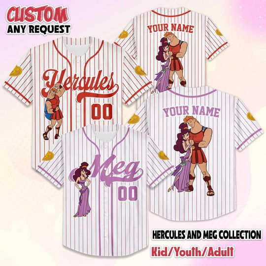 Discover Personalize Hercules and Meg Baseball Jersey, Custom Hercules Valentines Day Jersey Shirt, Disney Couple Gift