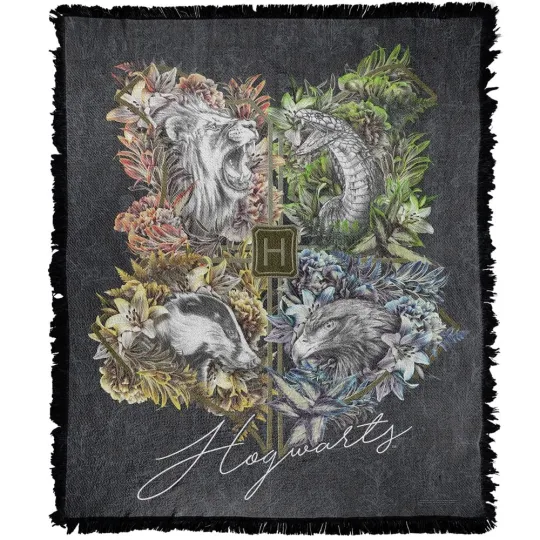 Harry Potter Blanket, 50"x60" Floral Lines Crests Woven Tapestry Cotton Blend...