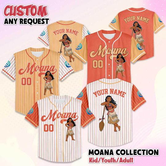 Discover Custom Moana Princess Baseball Jersey, Disney Moana Jersey Outfit, Matching Disney Vacation Outfit, Custom Gift for Moana Fans