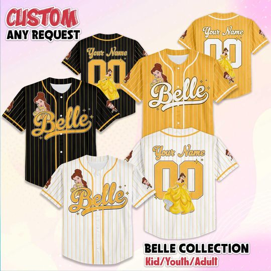 Discover Personalized Belle Princess Baseball Jersey, Custom Disney beauty and the Beast Baseball Shirt, Matching Disney Trip Outfit