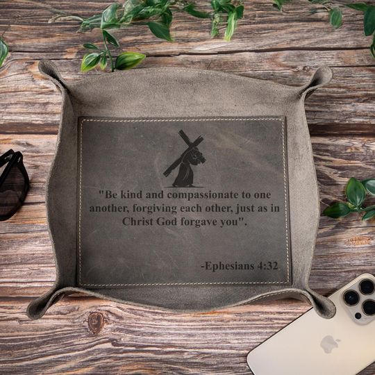 Jesus Symbol Leather Tray: Engraved Bible Verse - Faith Gift, Religious Dad Anniversary Present
