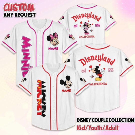 Discover Personalize Disney Couple Baseball Jersey, Custom Mickey and Minnie Mouse Valentines Day Jersey Shirt, Disney Couple Gift