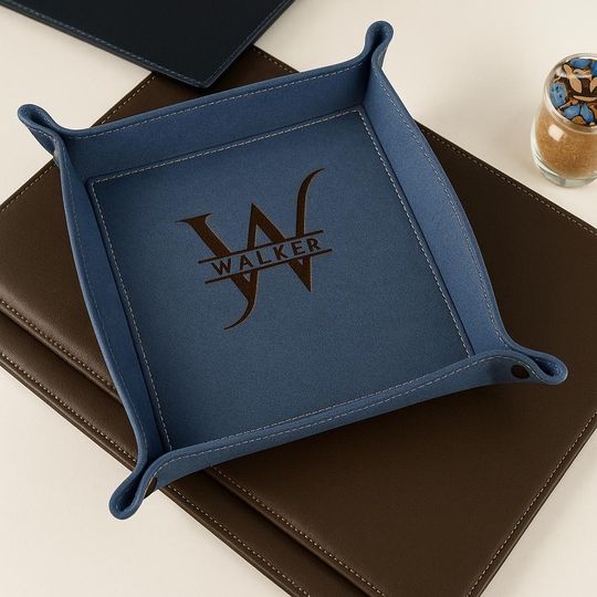 Personalized Leather Valet Tray - Handmade Desk Organizer with Initials