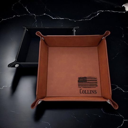 Personalized American Flag Leather Valet Tray: Patriotic Gift