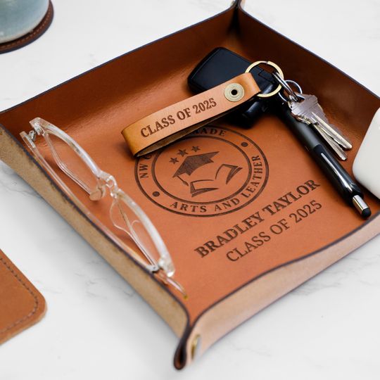 Discover 2025 Graduation Gift Real Leather Tray | Custom Catchall Valet Tray, Graduating Gift for Men