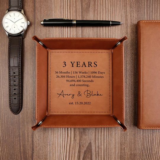 Discover Custom Leather Catchall Tray, Personalized Honeymoon Gift, 3-Year Anniversary Gift