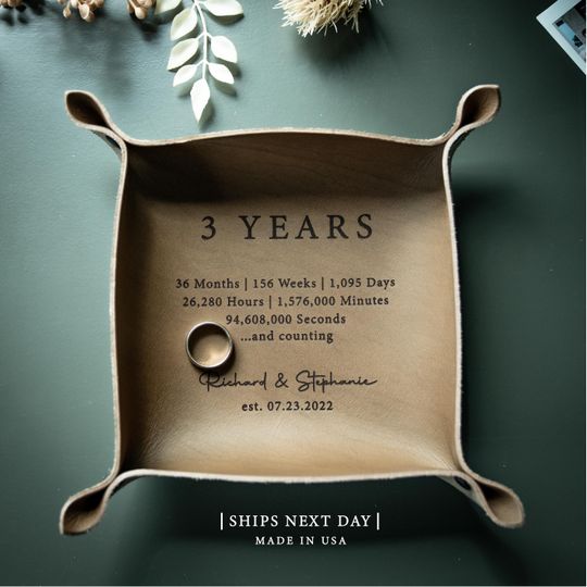 3 Year Anniversary Gift, Personalized Gift for Him, Custom Leather Catchall Tray