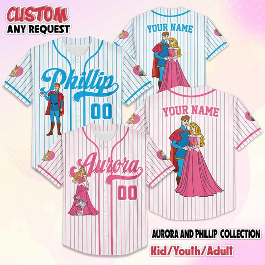 Discover Personalize Aurora and Prince Phillip Baseball Jersey, Custom Sleeping Beauty Valentines Day Jersey Shirt, Disney Couple Gift
