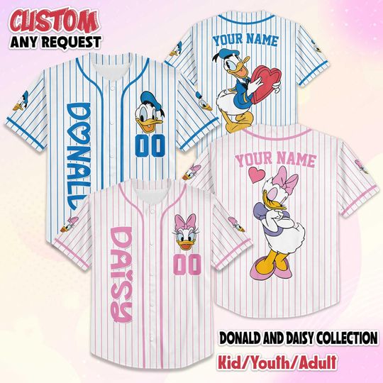 Discover Personalize Donald and Daisy Duck Baseball Jersey, Custom Mickey and Friends Valentines Day Jersey Shirt, Disney Couple Gift