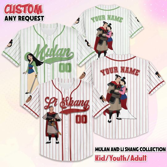 Discover Personalize Mulan and Li Shang Baseball Jersey, Custom Disney Mulan Valentines Day Jersey Shirt, Disney Couple Gift