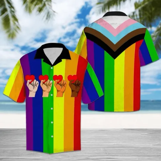 Discover LGBT Aloha Hawaiian Shirts For Summer Hand Up And Heart Rainbow Colorful LGBT Ha