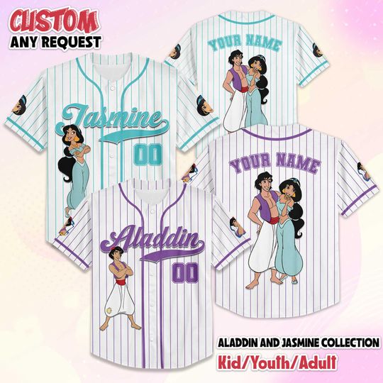 Discover Personalize Aladdin and Jasmine Baseball Jersey, Custom Disney Aladdin Valentines Day Jersey Shirt, Disney Couple Gift