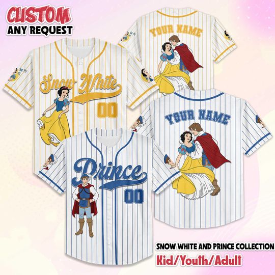 Discover Personalize Snow White and the Prince Baseball Jersey, Custom Disney Snow White Valentines Day Jersey Shirt, Disney Couple Gift