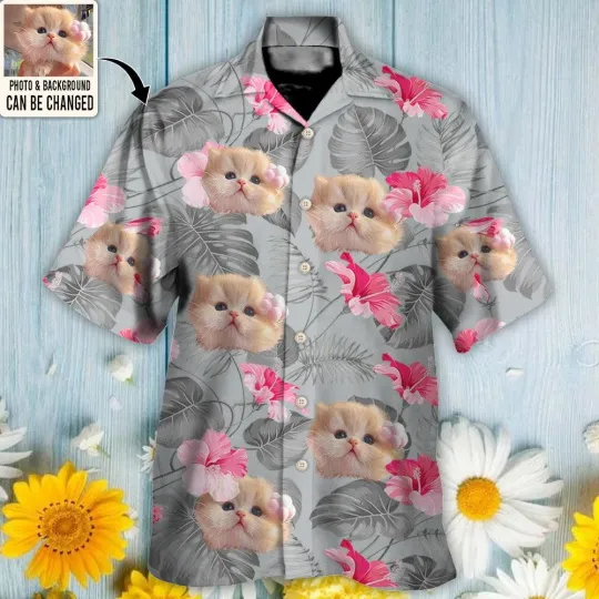 Discover Cat Custom Photo Hawaiian Shirt For Summer Cat Tropical Style Personalized Cat H