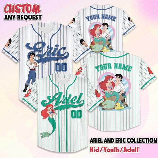 Discover Personalize Ariel and Eric Baseball Jersey, Custom Disney The Little Mermaid Valentines Day Jersey Shirt, Disney Little Mermaid Couple Gift