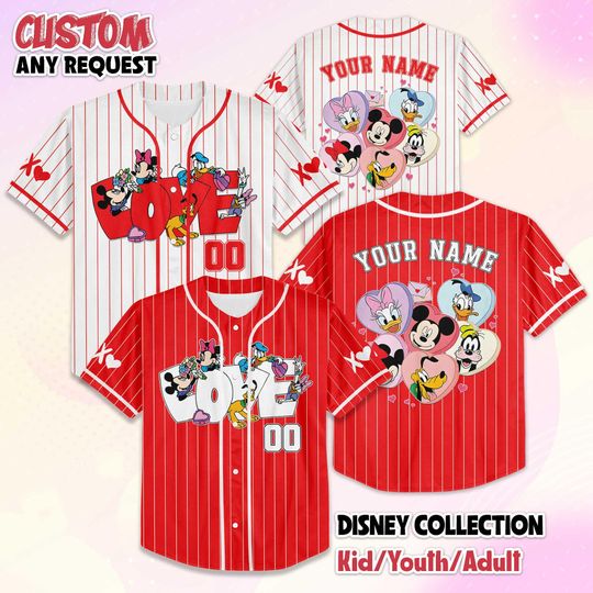 Discover Personalize Disney Valentines Day Baseball Jersey, Custom Mickey and Friends Love Jersey Shirt