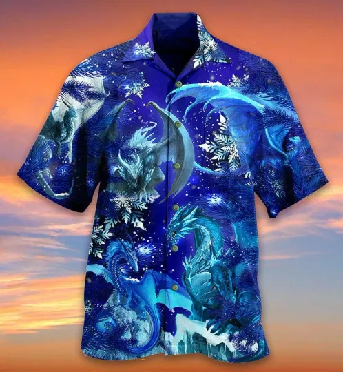 Discover Dragon Snow Hawaiian Shirt For Summer Dragon Merry Xmas Snow Love Blue Color Haw