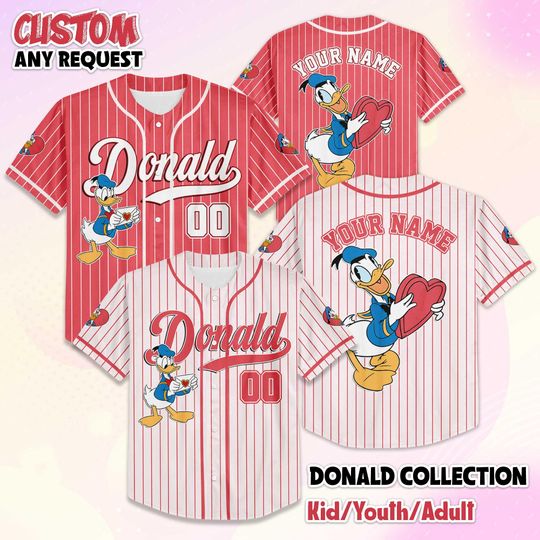 Discover Personalize Donald Duck Valentines Day Baseball Jersey, Custom Disney Valentines Day Jersey Shirt, Mickey and Friends Shirt