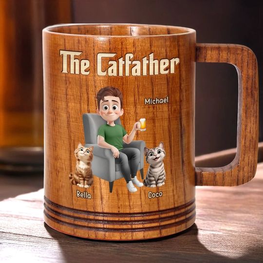 Personalized The Catfather, Chosen By My Cat Wooden Mug, Father's Day, Gift For Dad, Pet Owners, Pet Lovers