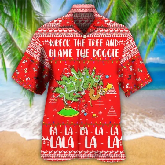Discover Cat Christmas Hawaiian Shirt For Summer Cat Red Style Cat Wreck The Tree And Bla
