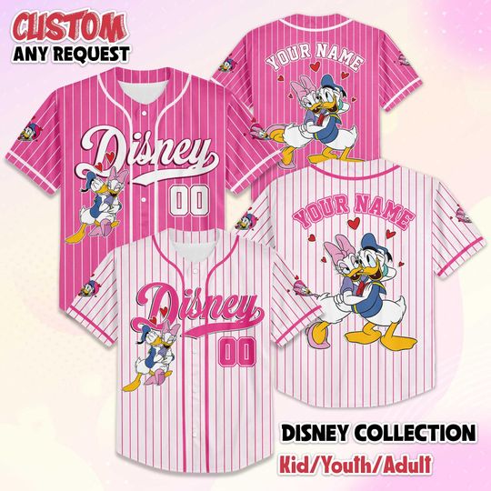 Discover Personalize Donald and Daisy Duck Valentines Day Baseball Jersey, Custom Disney Valentines Day Jersey Shirt, Mickey and Friends Shirt