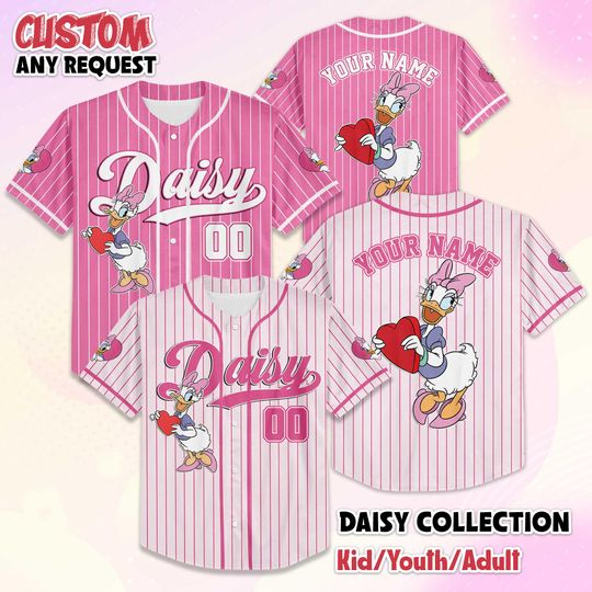 Discover Personalize Daisy Duck Valentines Day Baseball Jersey, Custom Disney Valentines Day Jersey Shirt, Mickey and Friends Shirt