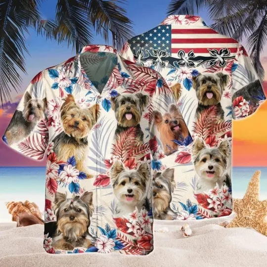 Yorkshire Terrier Aloha Hawaiian Shirts For Summer Yorkie Independence Day USA F
